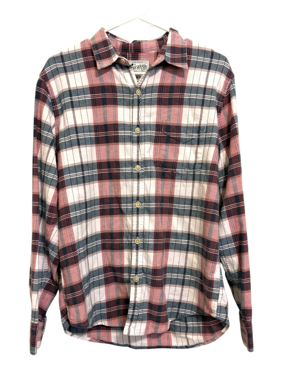 2/$30 Lucky Brand Saturday Stretch Plaid Flannel Shirt Medium Pink Blue Cream